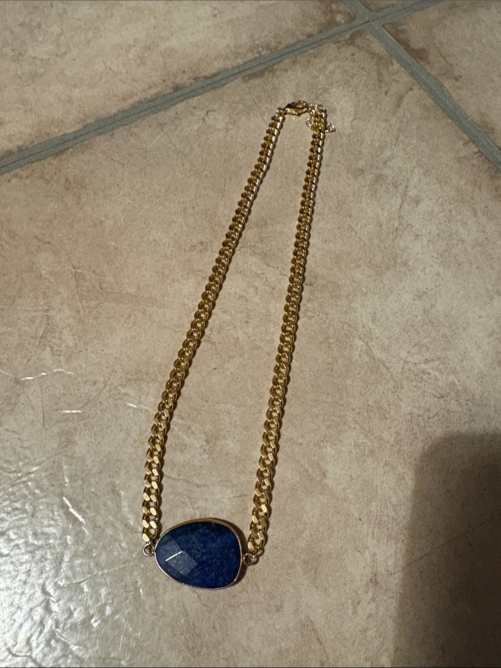 Gold Chain Necklace with Blue Stone Pendant
